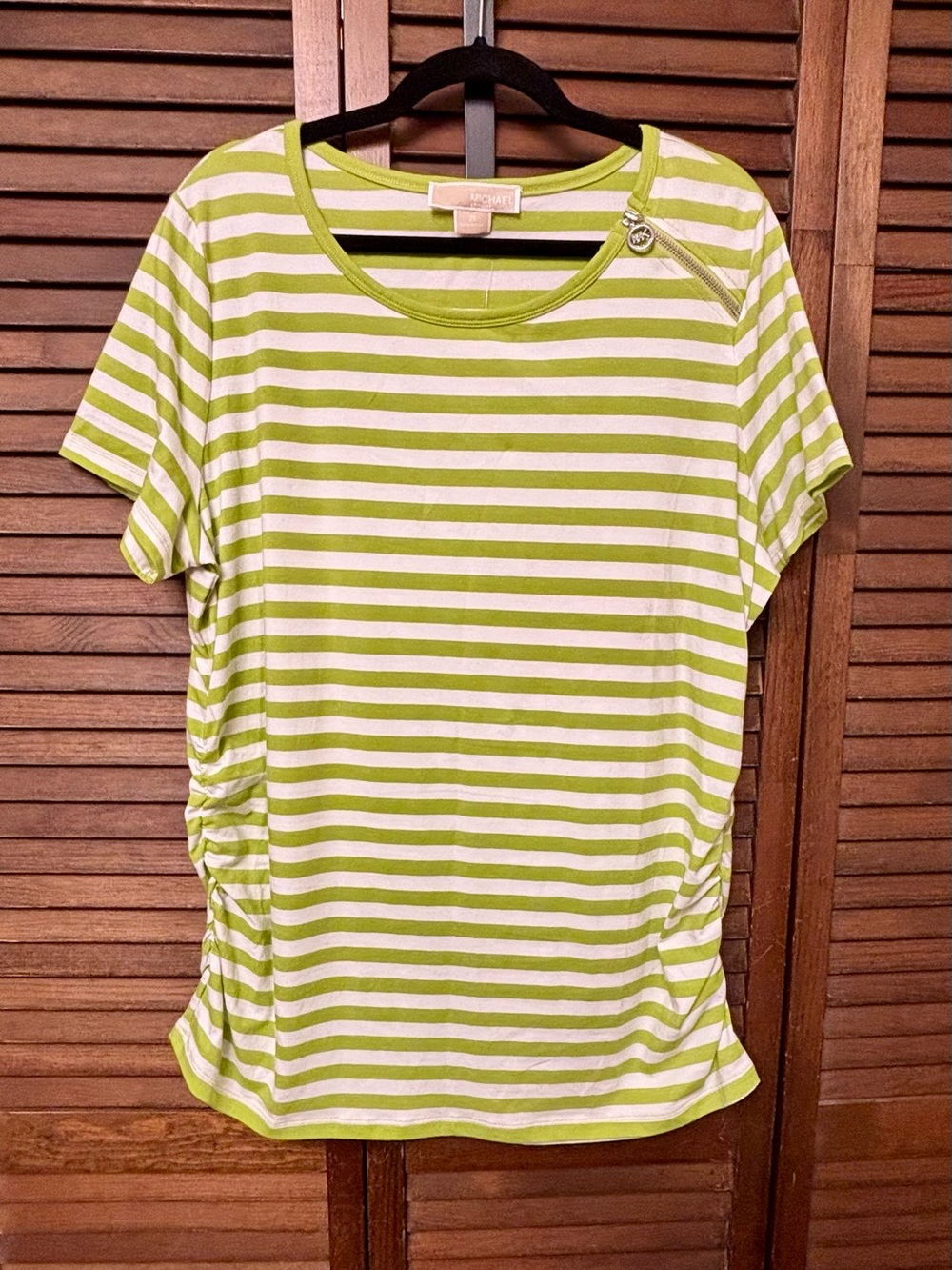 NWT MICHAEL KORS Green and White Striped Short-Sleeve Tee with Zip Detail - Picture 8 of 10